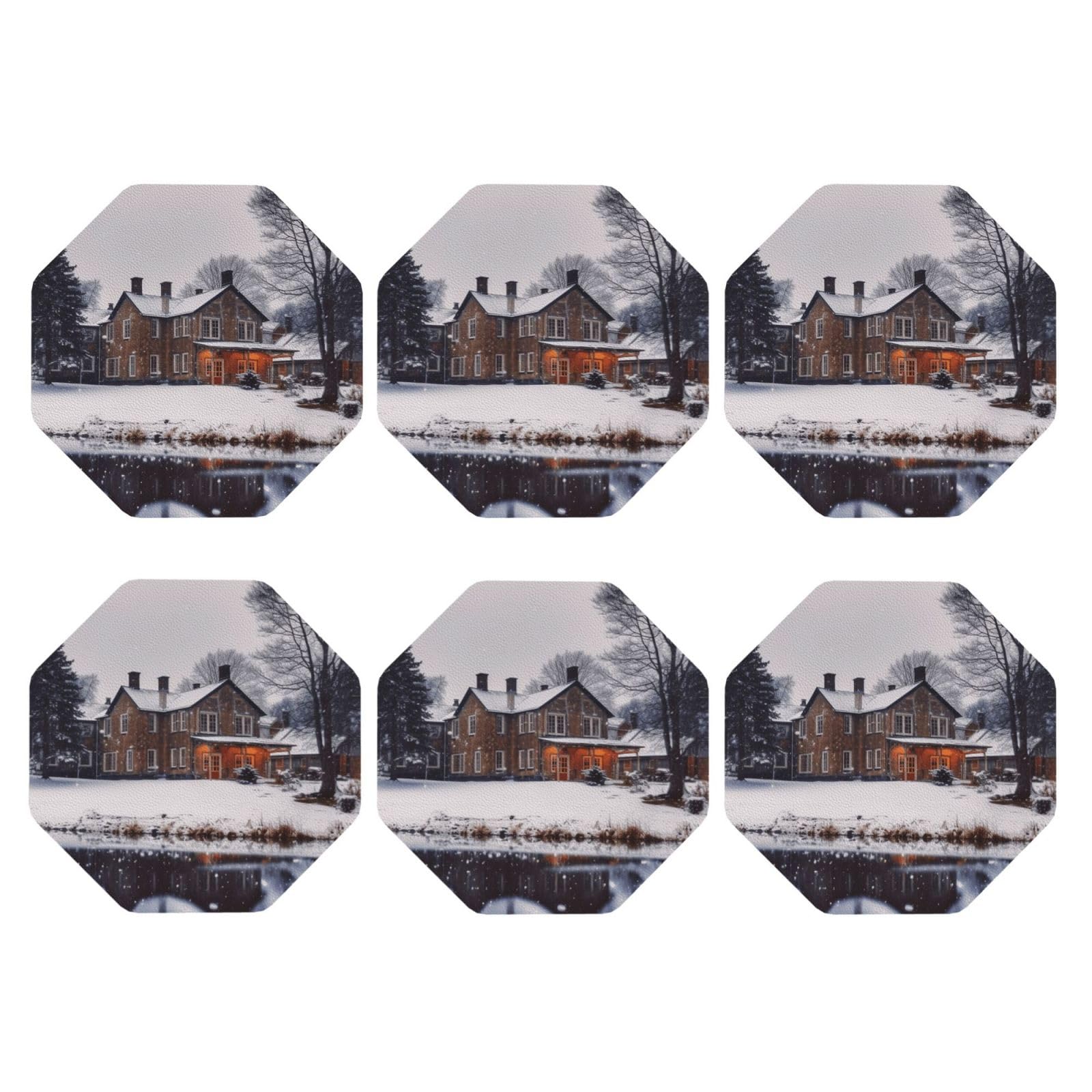 6pcs Leather Coasters for Drinks, Winter Farmhouse Drink Coasters for Tabletop Protection, 4" Cup Coasters for Coffee Table Decor, Non-Slip Drinking Cup Mat for Hot Or Cold Drink