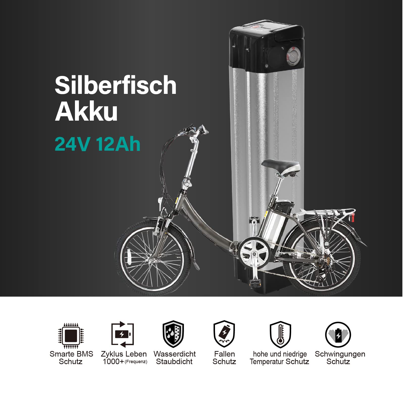 Con caricabatteria 24V 12Ah e-bike batteria Li-Ion bici elettrica forma whitebait per Phylion, MiFa, Rex, Prophete (24V12Ah)