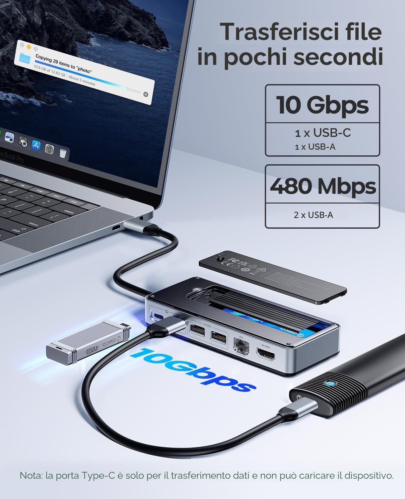 ORICO 8 in 1 USB C Docking Station con Case SSD M.2, USB C Hub con SSD M.2 NVMe/SATA, 10Gbps, 4K@60Hz HDMI, 100W PD, Ethernet, Lunghezza del Cavo 15cm - OM28PR