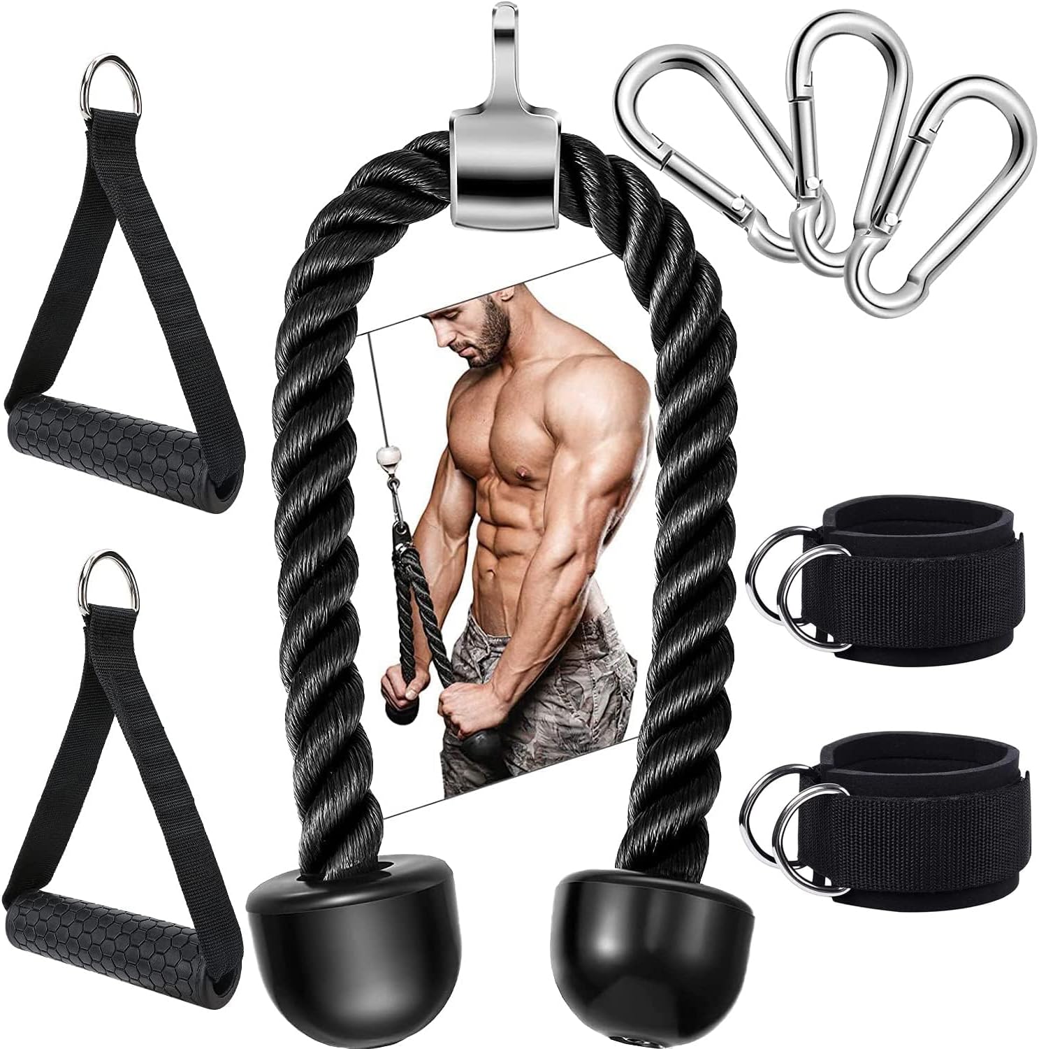 X spring Tricep Rope Cable Machine Attachment, 2 Cable Handles, 3 Carabiner clips and 2 Ankle Straps, Triceps Pull Down Rope, Nylon Home Gym Accessories for Arm Strength, Workout Training
