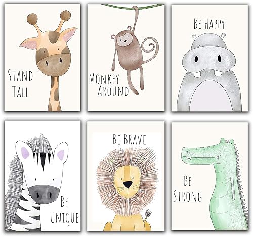 Unframed Woodland Animales Art Print Adorable Jirafa Mono León Cebra Dinosaurio Pinturas, Juego de 6 (7.9 x 10.0in) Lienzo de dibujos animados