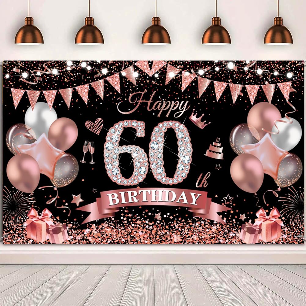 Yontree Happy 60th Birthday Banner 180 * 110cm Black Rose Happy 60th Birthday Banner Backdrop 60th Birthday Decorations for Girls Women, 60 Years Old Birthday Anniversary Party Supplies