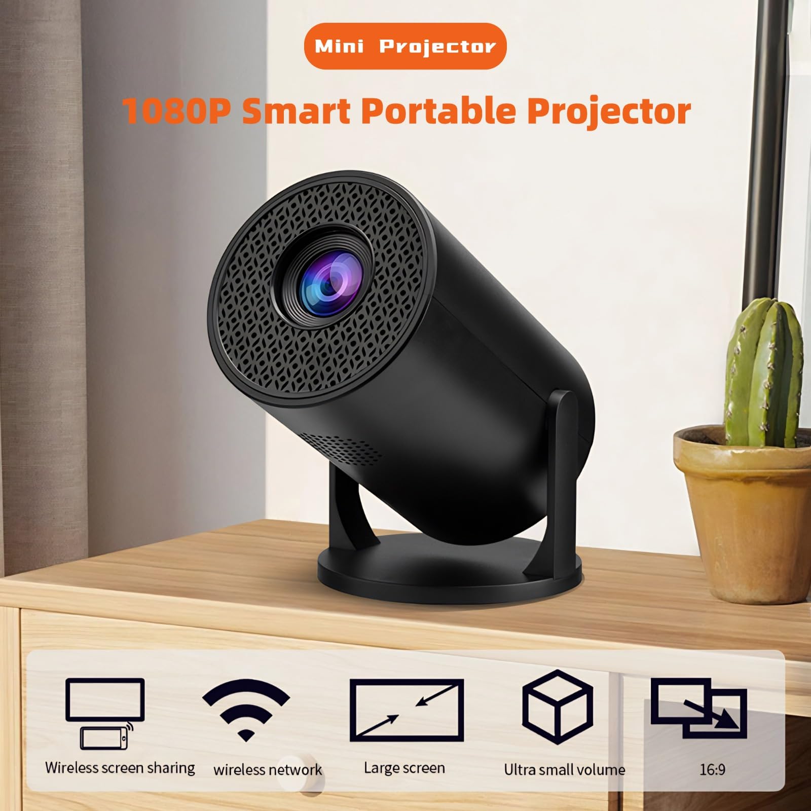 Proiettore Portatile 1080P Regolabile a 270° con WiFi per Home Theater e Cinema all'Aperto Compatibile con Smartphone Portatile TV Stick Schermo da 150 Pollici HDMI USB