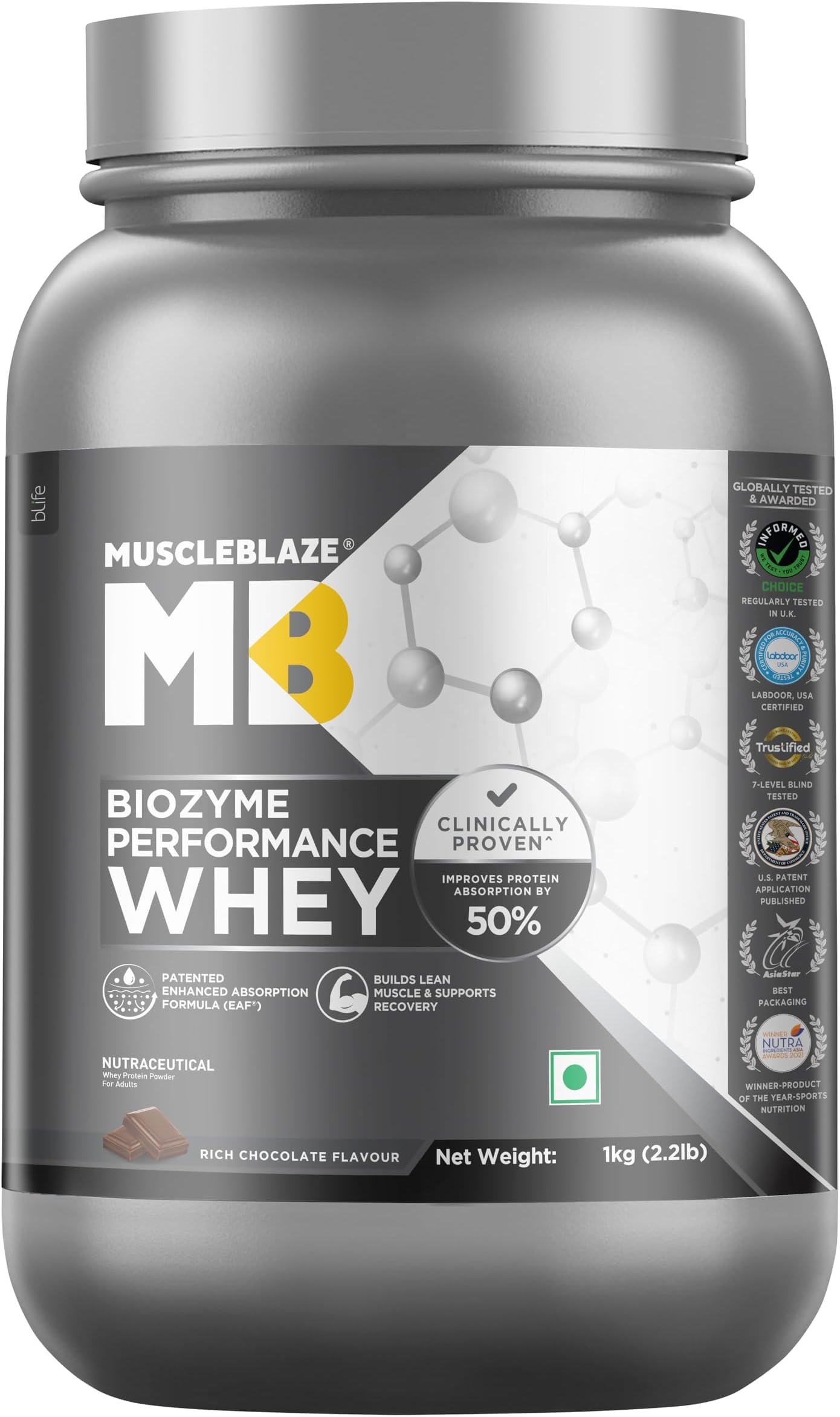 Biozyme Performance Whey Protein Powder, Rich Chocolate (1kg / 2.2lbs) | 25g Protein Per Scoop | Clinically Tested 50% Higher Protein Absorption