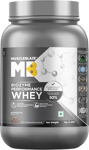 MuscleBlaze Biozyme Performance Whey Protein Powder, Rich Chocolate (1kg / 2.2lbs) | 25g Protein Per Scoop | Clinically Te...