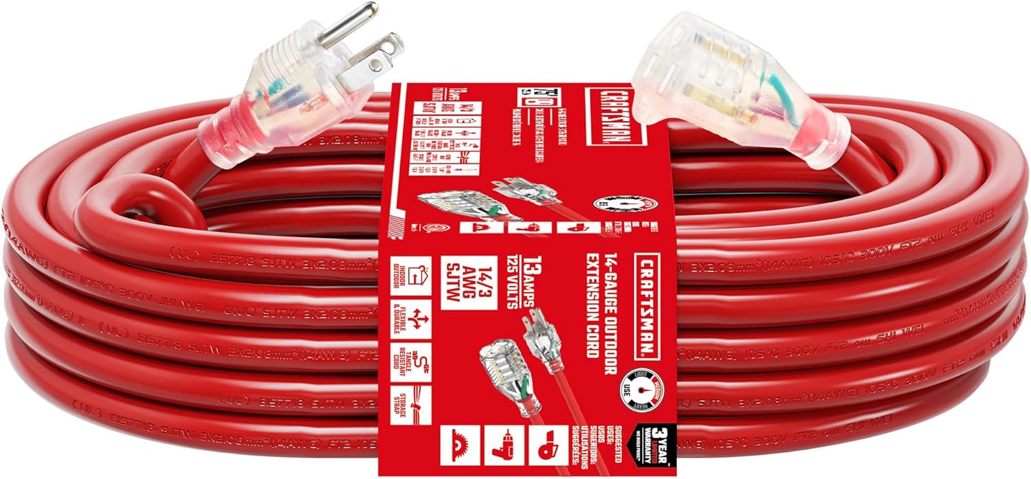 CRAFTSMAN 75 Ft. Heavy-Duty Extension Cord 14/3 SJTW, Waterproof Indoor/Outdoor Power Cable with Lighted 3-Prong Plug, 13A/1625W/125V, ETL Certified