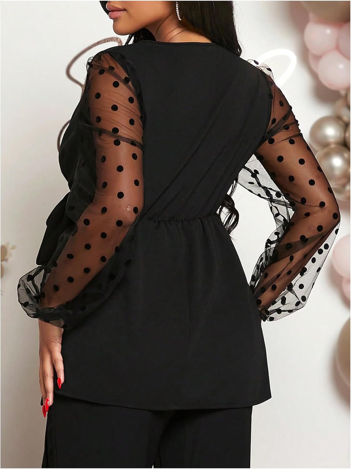 MakeMeChic Women's Maternity Polka Dots Blouse Mesh V Neck Wrap Tie Side Long Sleeve Shirt Tops - Image 3