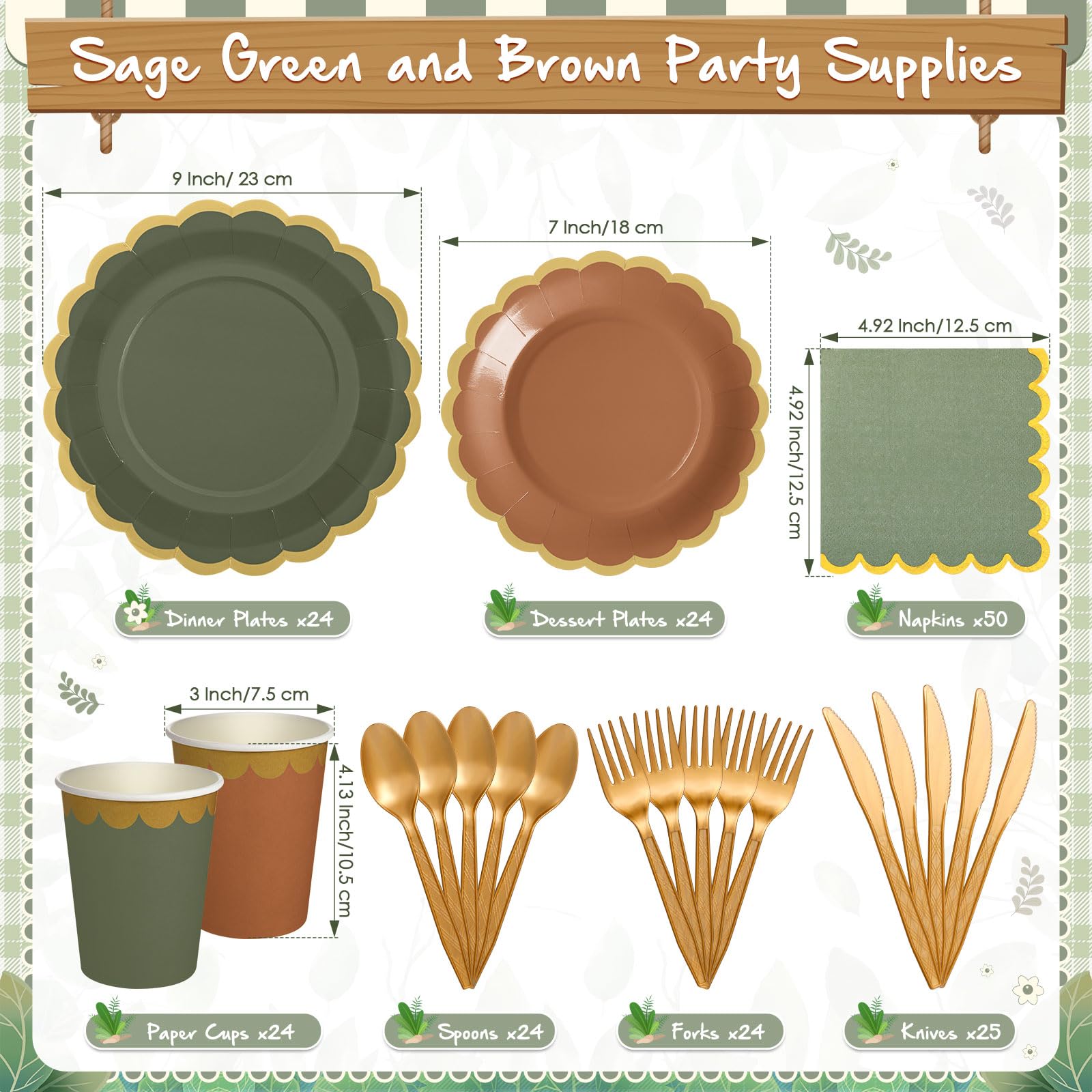 Mimorou Lot de 169 assiettes et serviettes de table vert sauge et marron - Fournitures de fête pour invités - Assiettes festonnées - Serviettes en papier, gobelet, cuillère, fourchette, couteau pour