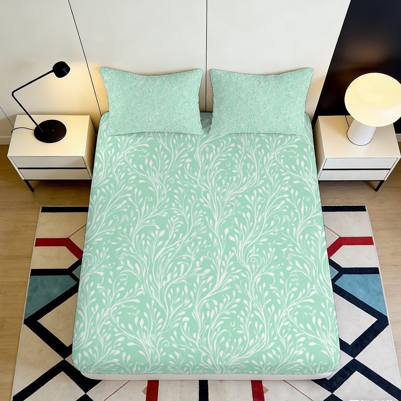 3D Printed Mint Leaf Fitted Sheet, Soft Touch Microfiber Bed Cover for Bedroom, Wrinkle Resistant, Apartment Bedding, Easy Wash, Decorative Home Accent, Stylish Design, 120x200x25cm