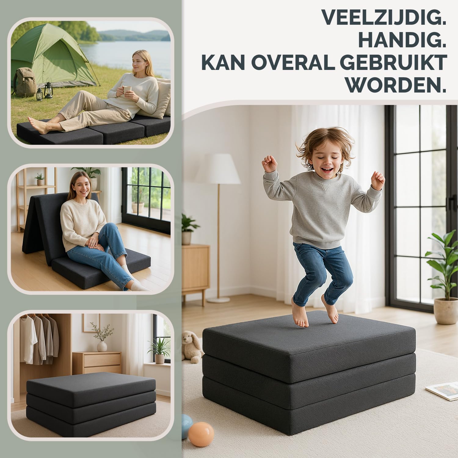 Blumtal Vouwmatras 140x200 cm - 3-delige gastmatras opvouwbaar extra dik (14 cm) - rugvriendelijke vouwmatras schuimrubber - opvouwbare matras hoes in antraciet huidvriendelijk en wasbaar