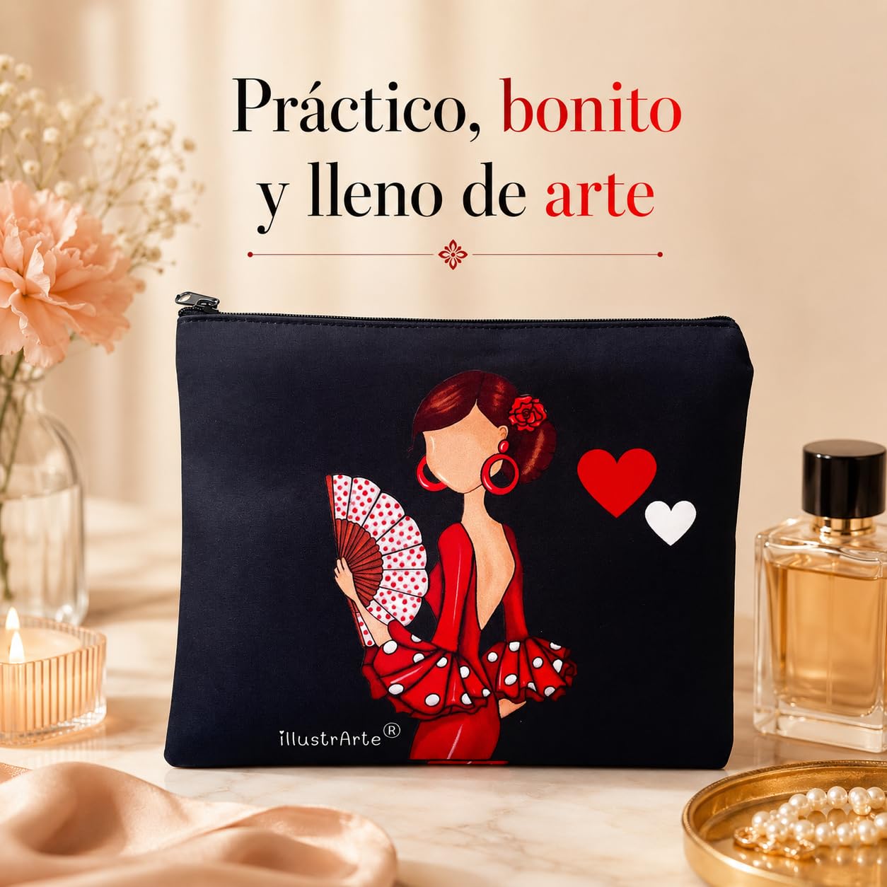 Beauty case/Astuccio “Pepa” con ballerina di flamenco – design double face – 22x17 cm – impermeabile – borsa da toilette donna o da viaggio