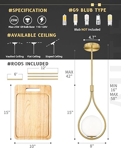 Miniatura 4 de AUTELO Luces colgantes doradas, 1 lámpara colgante de luz para isla de cocina en acabado dorado cepillado con vidrio de globo blanco lechoso,