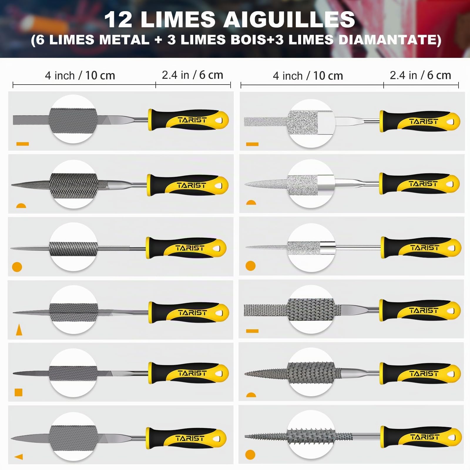 TARIST Lot de 19 limes métalliques et râpes comprenant une lime plate/demi-ronde/ronde/triangulaire/lime 4 voies/12 limes aiguilles/pinceau/sac à outils roulants, fonctionne pour le métal, le bois