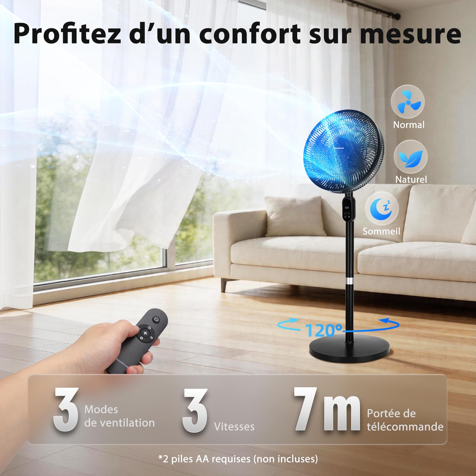 Aigostar Ventilateur sur Pied Silencieux 28dB avec Télécommande, 7 Pales Ventilateur Puissant, Oscillation 120°, Hauteur Réglable 91-125cm, Minuterie 12H, 3 Vitesses/Modes, pour Chambre Salon