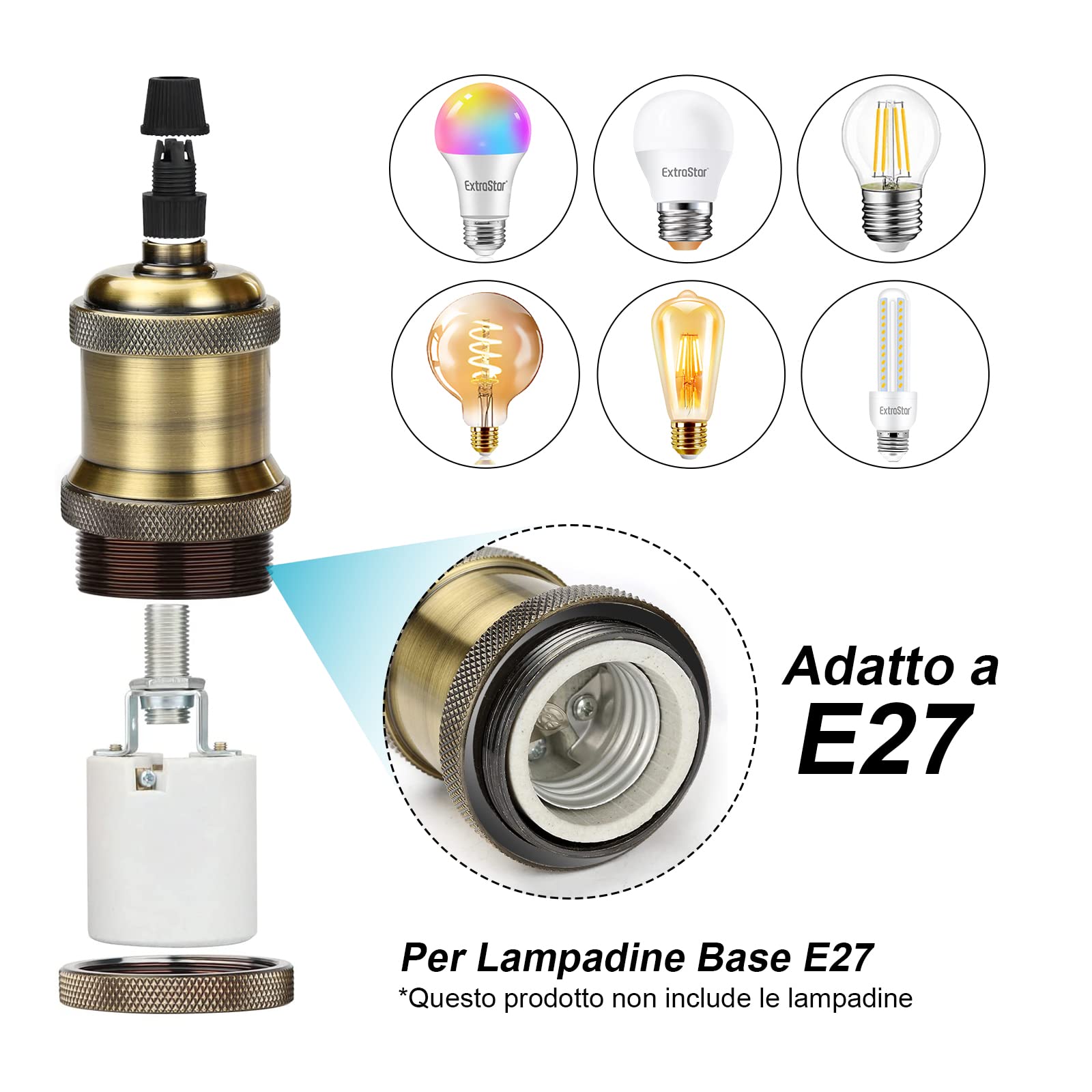 2 Portalampada Vintage E27 Con Interruttore - Stile Edison Retro Per Lampade A Sospensione - Foto 5