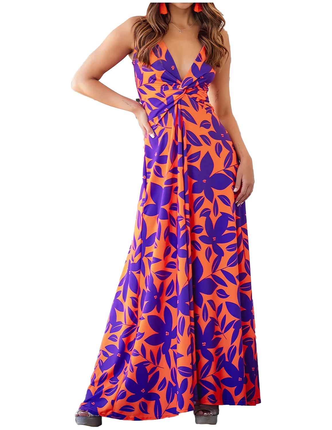 BUOYDM Vestido Mujer Largo Verano Casual Vestido Boho Floral Maxi con Cuello en V de Playa