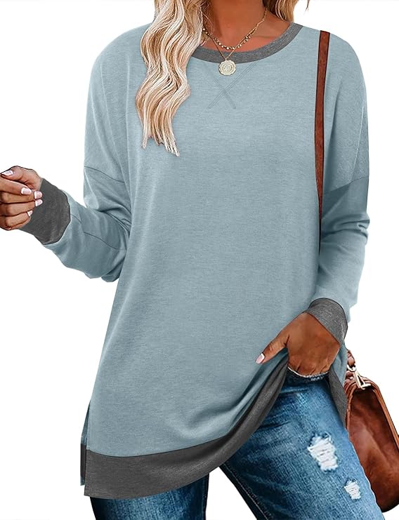 BETTE BOUTIK Women's Drop Long Sleeve Sweatshirts Casual Crewneck Tunic Tops Sweartshirts With Side Slits S-3XL
