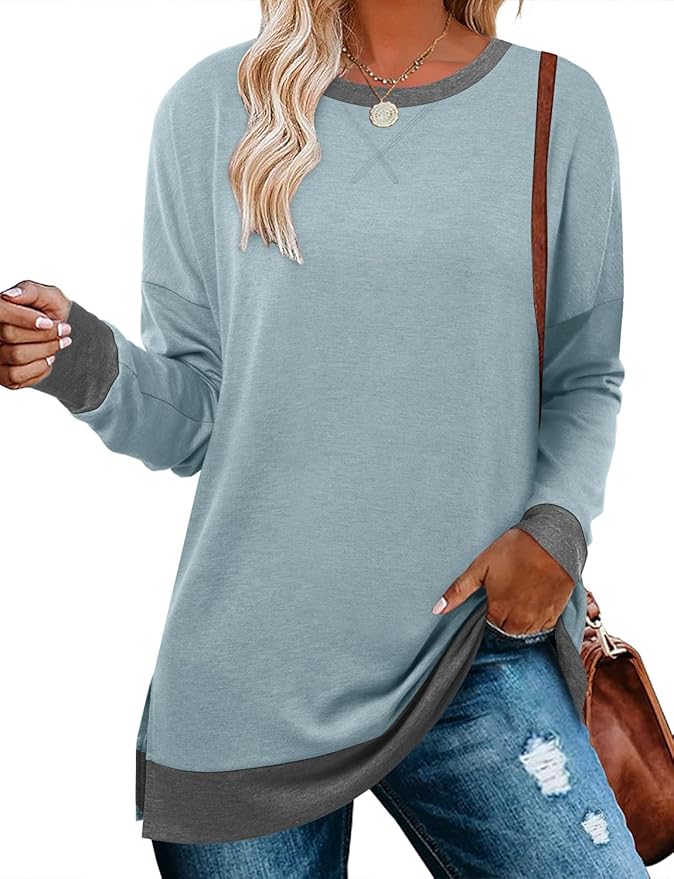 BETTE BOUTIK Women's Drop Long Sleeve Sweatshirts Casual Crewneck Tunic Tops Sweartshirts With Side Slits S-3XL