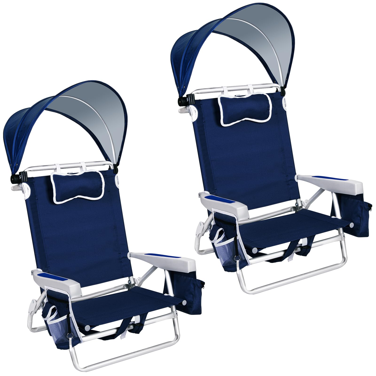 Romswi Extra Wide Beach Chair with Canopy Shade, 2 Pack Aluminum Folding Chairs with Detachable & Adjustable Umbrella, 5-Position Lay Flat, Cooler Bag, Cup & Phone Holder, Towel Bar, Navy Blue