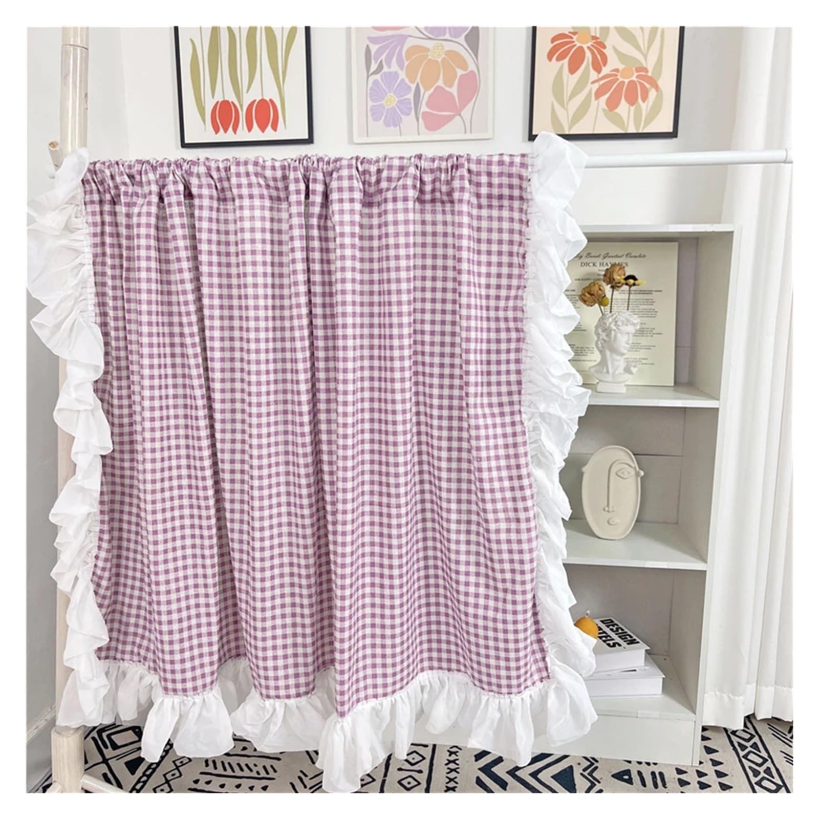 DFGRGRV Ruffle Curtains Sweet Lace Pink Plaid Short Curtains Rural Blue/Orange/Green Lattice Ruffles Half Cloth for Kitchen(VIOLET,W140 X H100 CM)