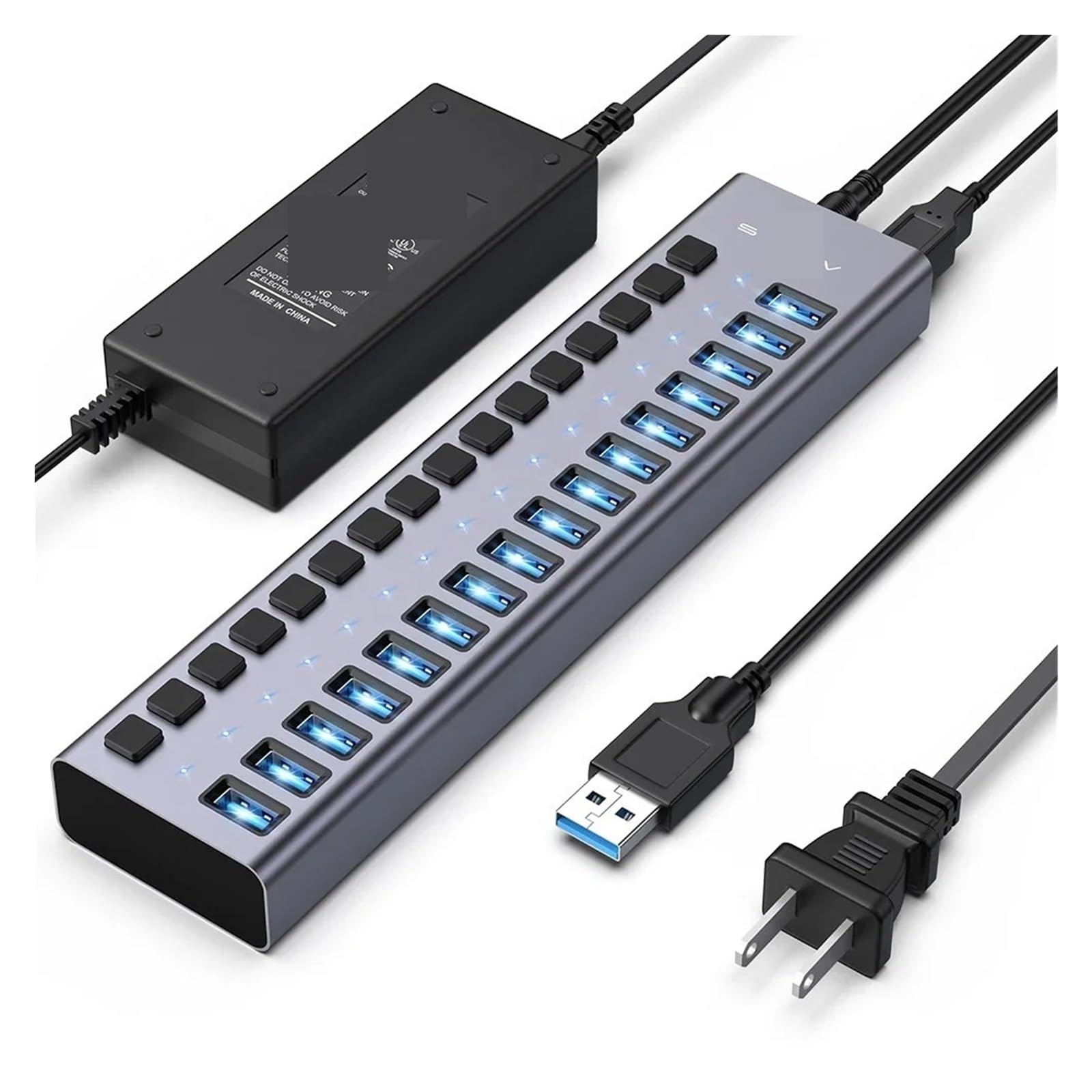 USB 3.1 10Gbps Hub 16 puertos divisor transferencia de datos carga interruptor individual luz indicadora para teclado mouse impresora (16 puertos con enchufe de la UE)