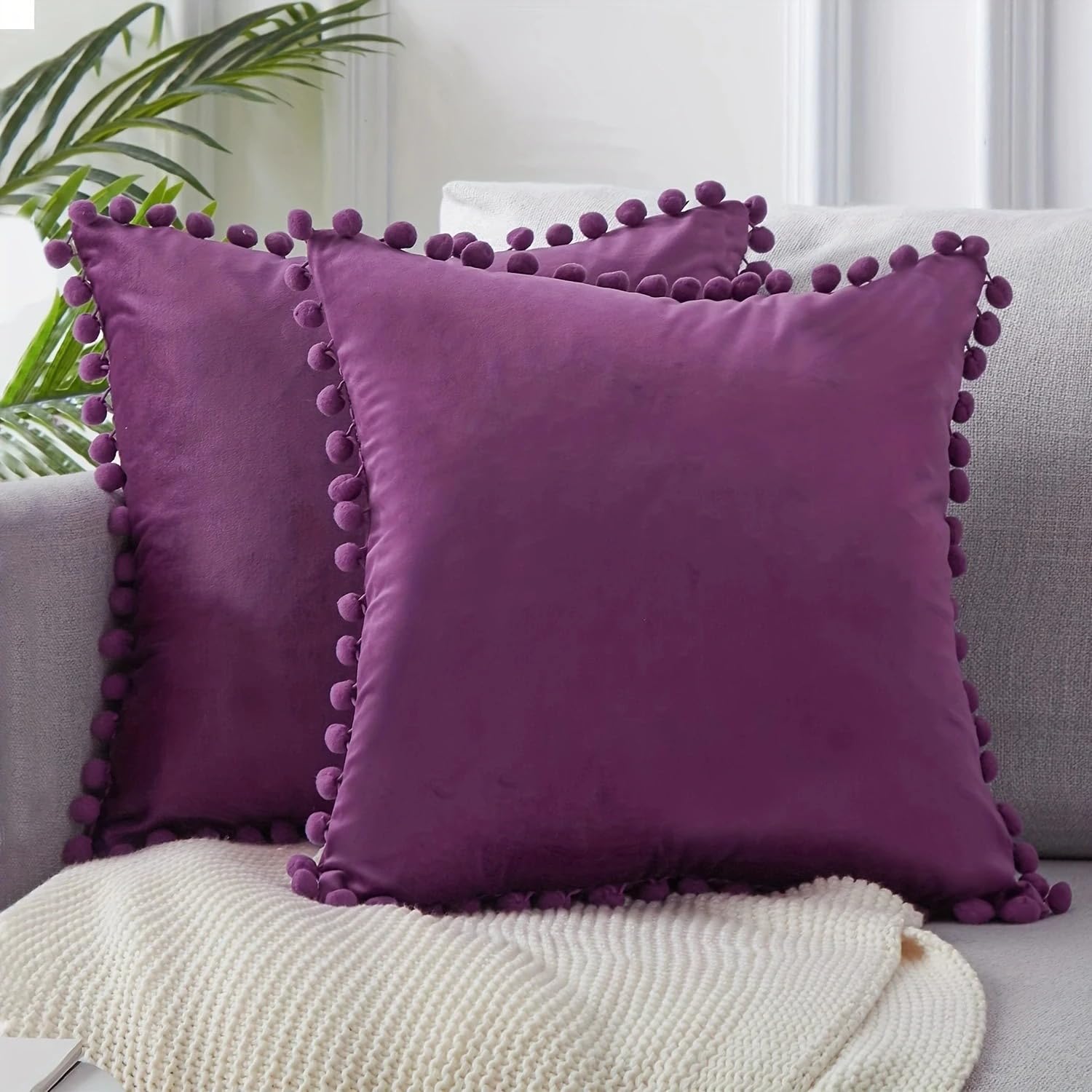 Hemasa Velvet Cushion Covers with Pompom Ball Trim, 45 x 45 cm, Set of 2, Decorative Throw Pillowcases for Living Room Sofa (Purple)
