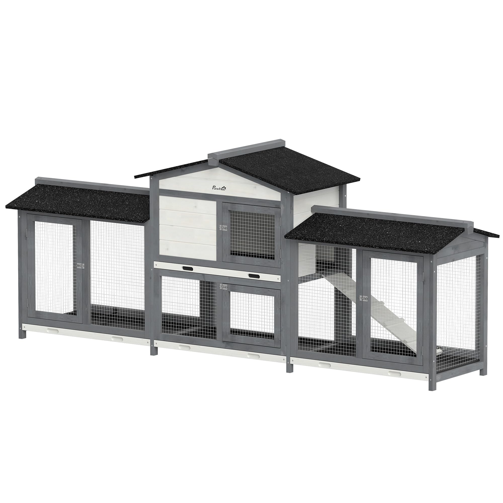 PawHut Conigliera Grande a 2 Piani in Legno, Gabbia per Conigli e Porcellini d'India con 2 Recinti Laterali, Tetto Impermeabile, Vassoio Estraibile e Rampa, 230 x 53 x 93,5 cm, Grigio Chiaro