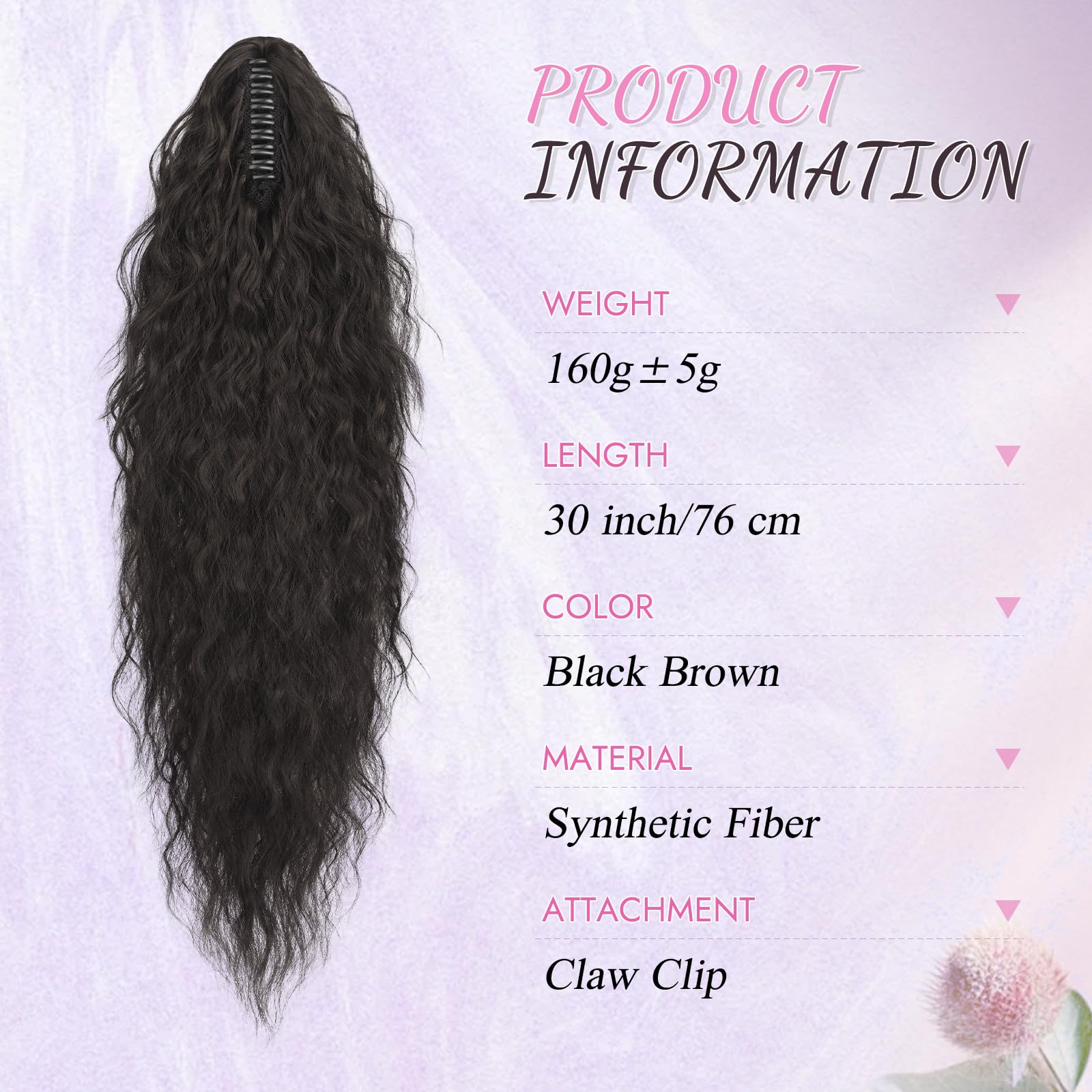 RUWISS Coda Capelli Extension con Pinza - Coda Finta Capelli Ricci Ondulati 76 cm Extension Capelli Coda Lunga Sintetici Coda di Cavallo per Donne, Marrone Nero