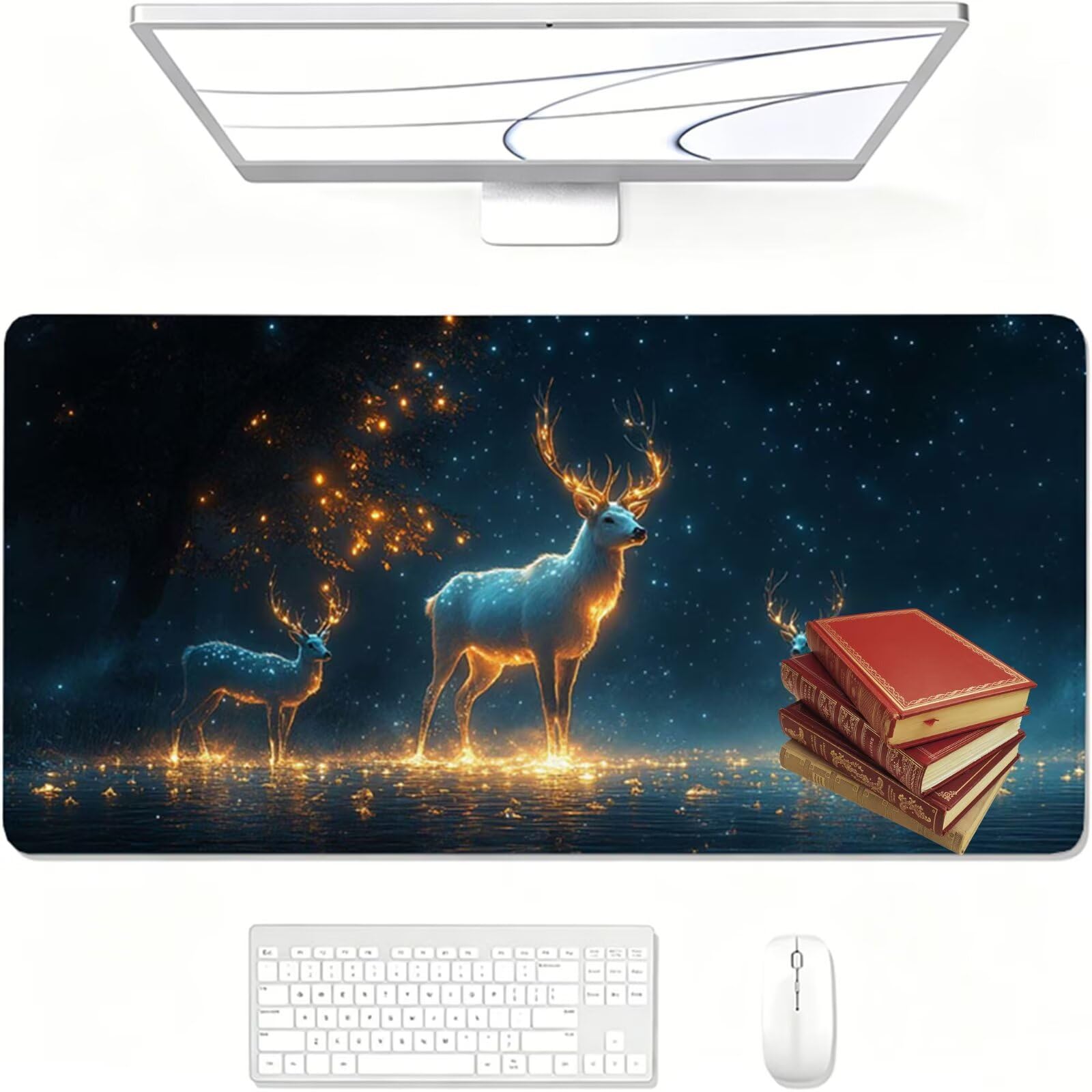Tapis de Souris Gaming XXL,800x400x3mm Tapis de Souris noir,Grand Tapis de Bureau Sous Main avec Surface Spéciale Améliore la Vitesse et la Précision,Imperméable Mouse Pad cerf pour Jeux,Bureau XF-865