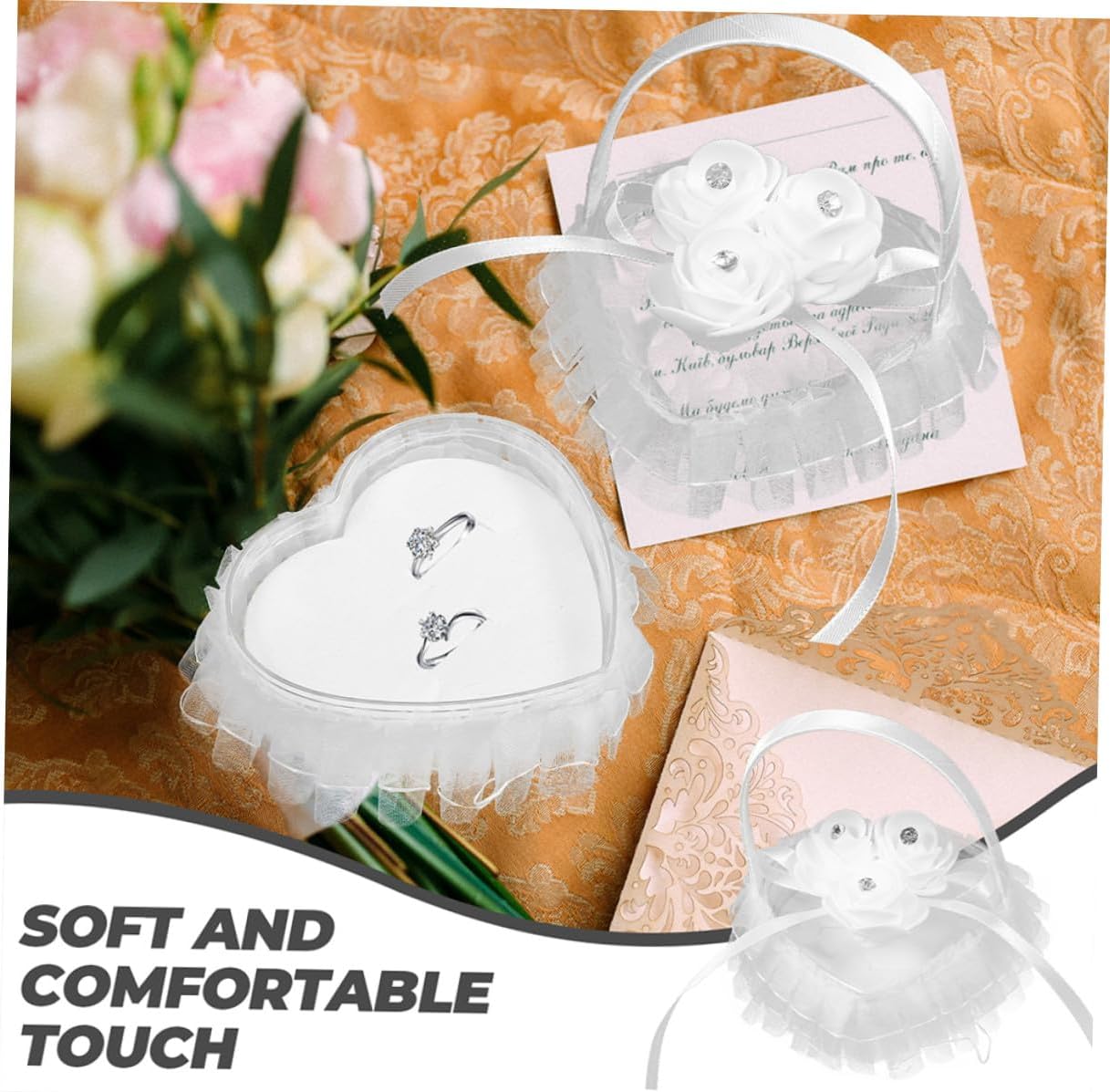 UKCOCO 2pcs White Lace Wedding Ring Pillow with Handcrafted Floral Rhinestone Decoration, Heart-Shaped Ring Bearer Cushion for Ceremony and Party Supplies