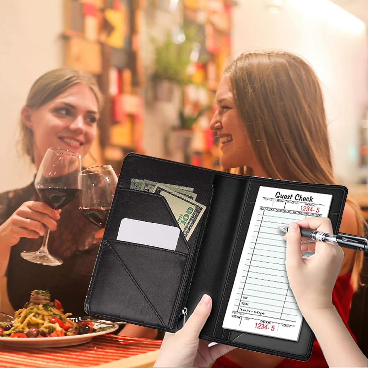 Server Books for Waitress Waiter Book with Zipper Money Pocket Purple Flowers Design PU Leather Cute Waitstaff Organizer Black Waiter Serving Book Wallet with Pen Holder Fit Server Apron