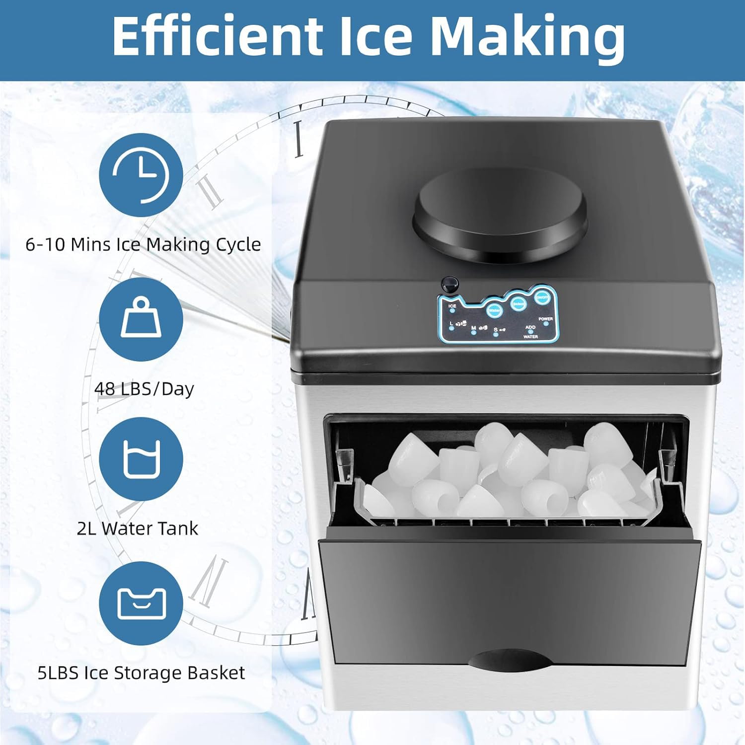 Macchina per il produttore di ghiaccio 48LBS Daily Ice in 8 minuti Distributore di acqua fredda in acciaio senza insalate Auto-Piene per Home Office Bar Par Quick Freeze Efficiente Cestino di sto incl