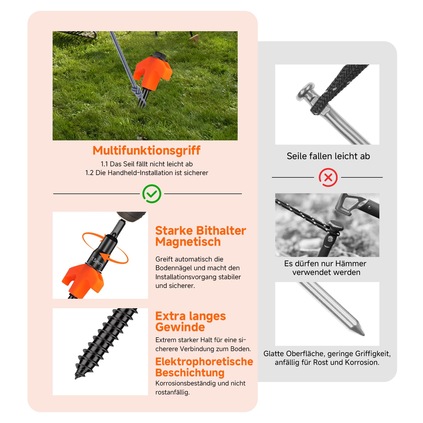 Zeltheringe Sturmsicher, 20cm Heringe Camping, Drehbare Zeltheringe mit Gewinde, Tellerkopfschrauben zum Schrauben mit Elektrophorese-Schicht, Stahl Schraubheringe Vorzelt, Erdnägel für Harte Böden
