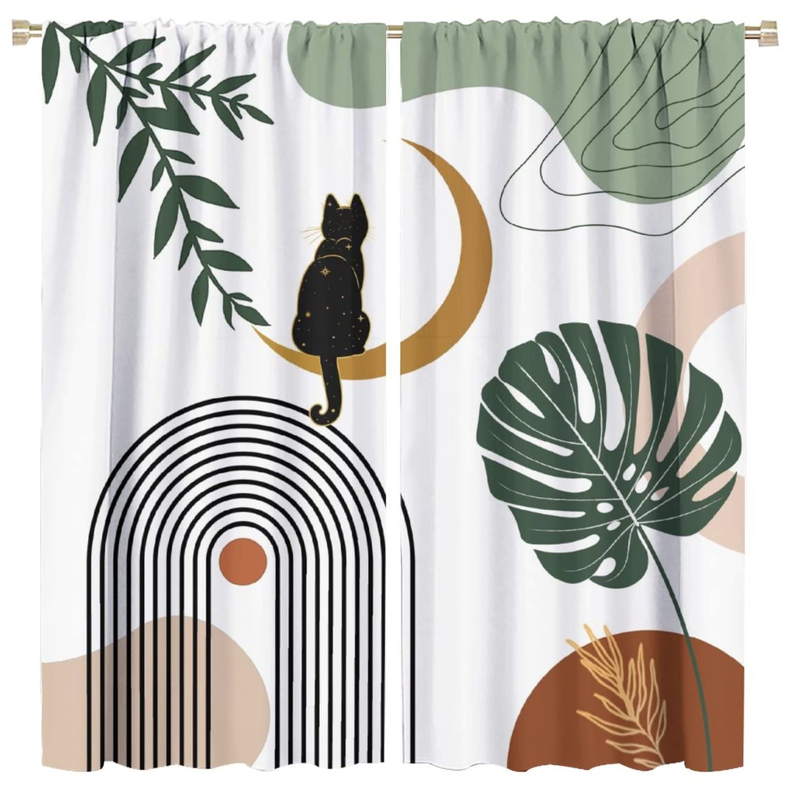SENQIAN Mid Century Modern Curtains Absctract Geometric Cat Leaf Sun Moon Art Printed Rod Pocket Blackout Window Drapes for Living Room Bedroom Cafe