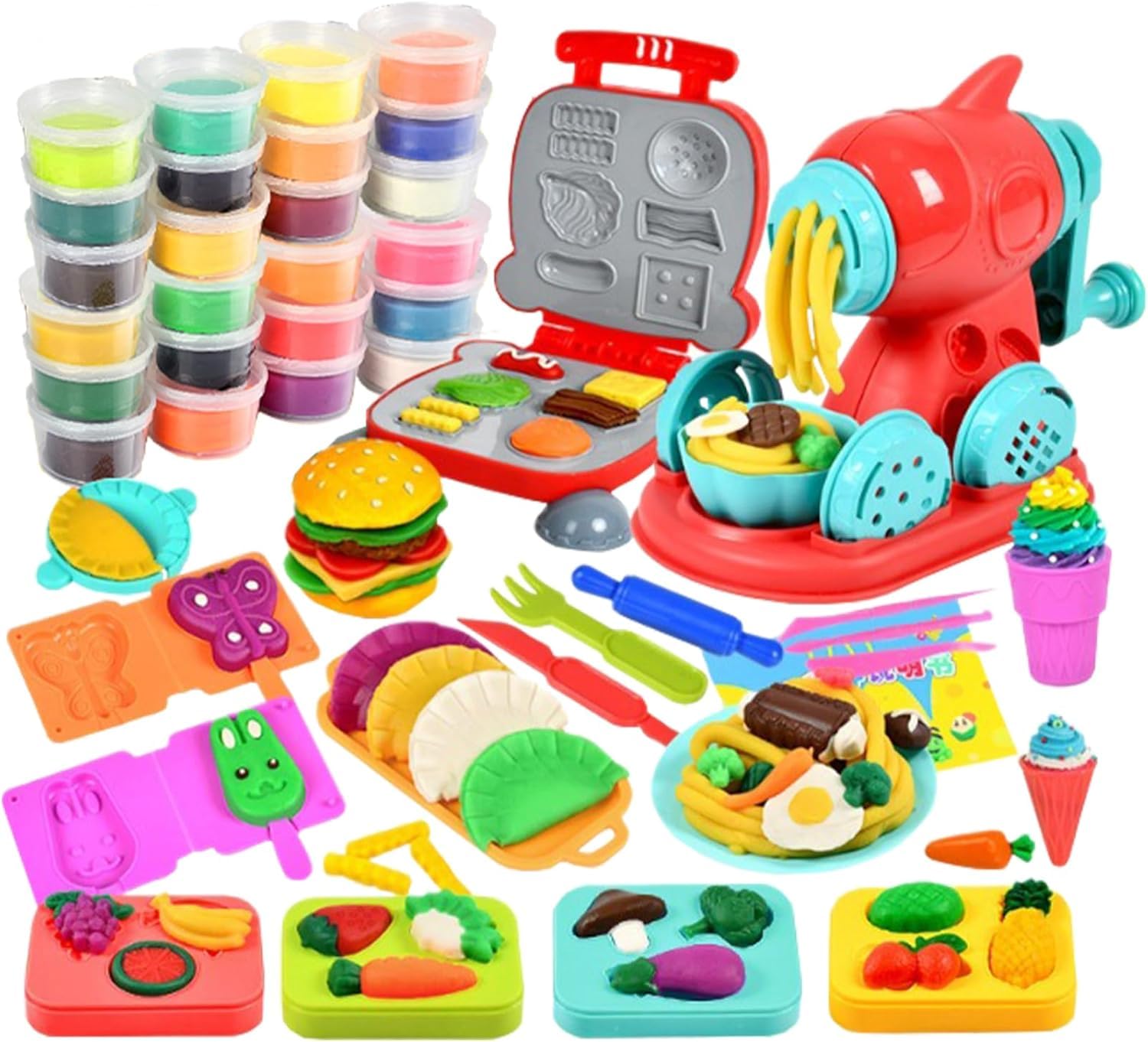 JoiTale Knete Zubehör, Kitchen Creations Knetwerkzeug Spielset, Kreatives Nudelmaschine Burger Party, Plastilin Werkzeug Knete Ausstechformen, Geschenk für Kinder ab 3 Jahren mit 24 Dosen
