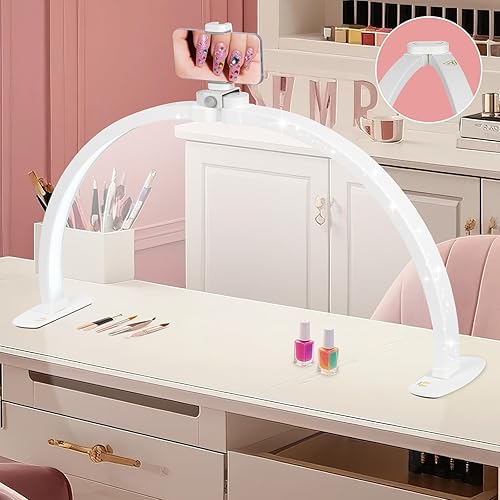 HITTI Lámpara de escritorio de media luna de 29 pulgadas para uñas con soporte para teléfono, lámpara de mesa plegable para uñas, lámpara de mesa