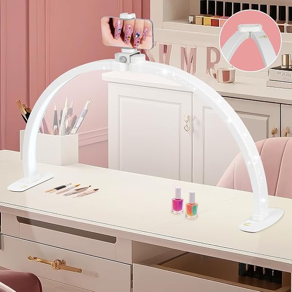HITTI Super Large 31in Half Moon Light for Nail Desk, Foldable Arch Light for Nail Tech Lamp with Phone Stand, LED Table