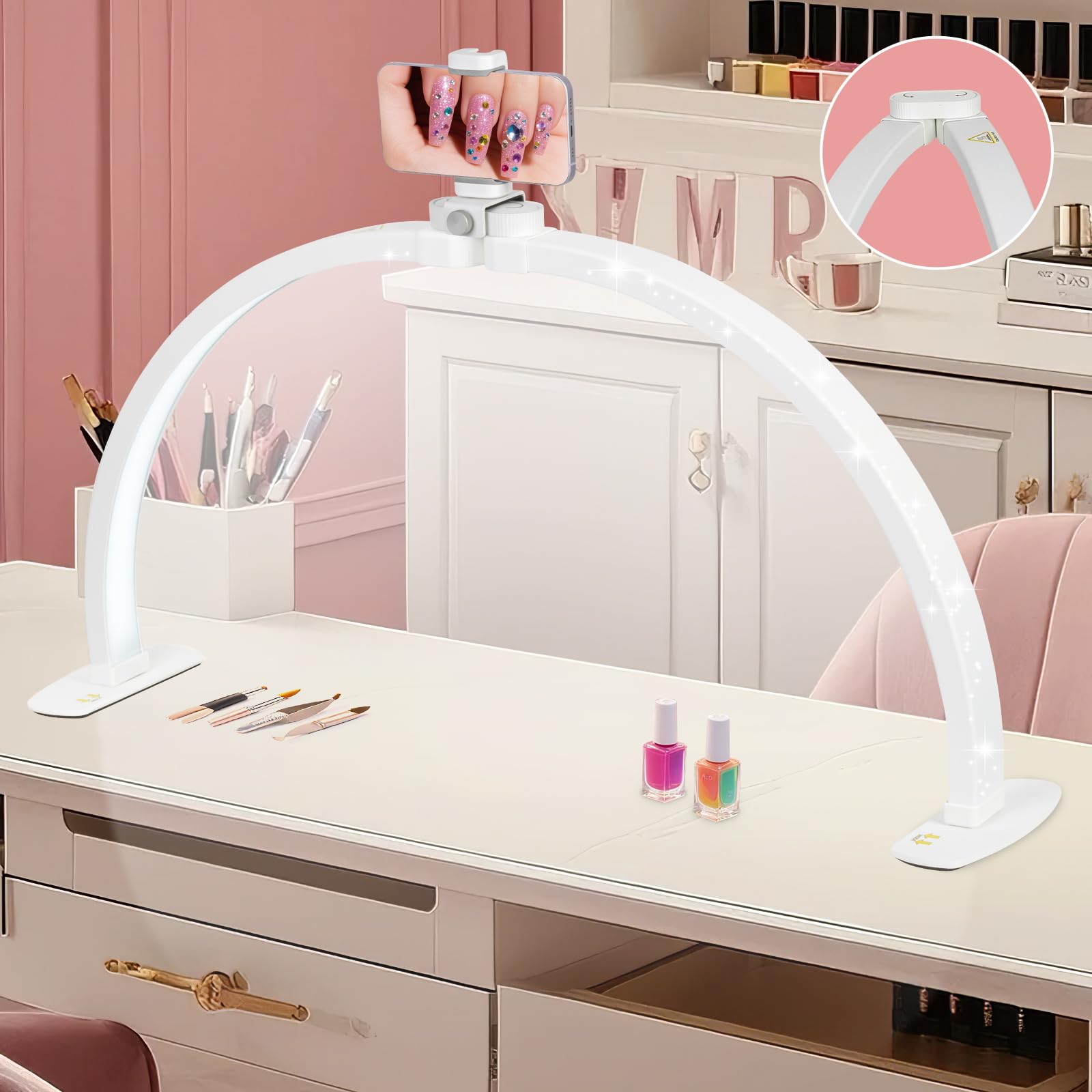 HITTI 29in Half Moon Light for Nail Desk, Foldable, 3 Color Modes