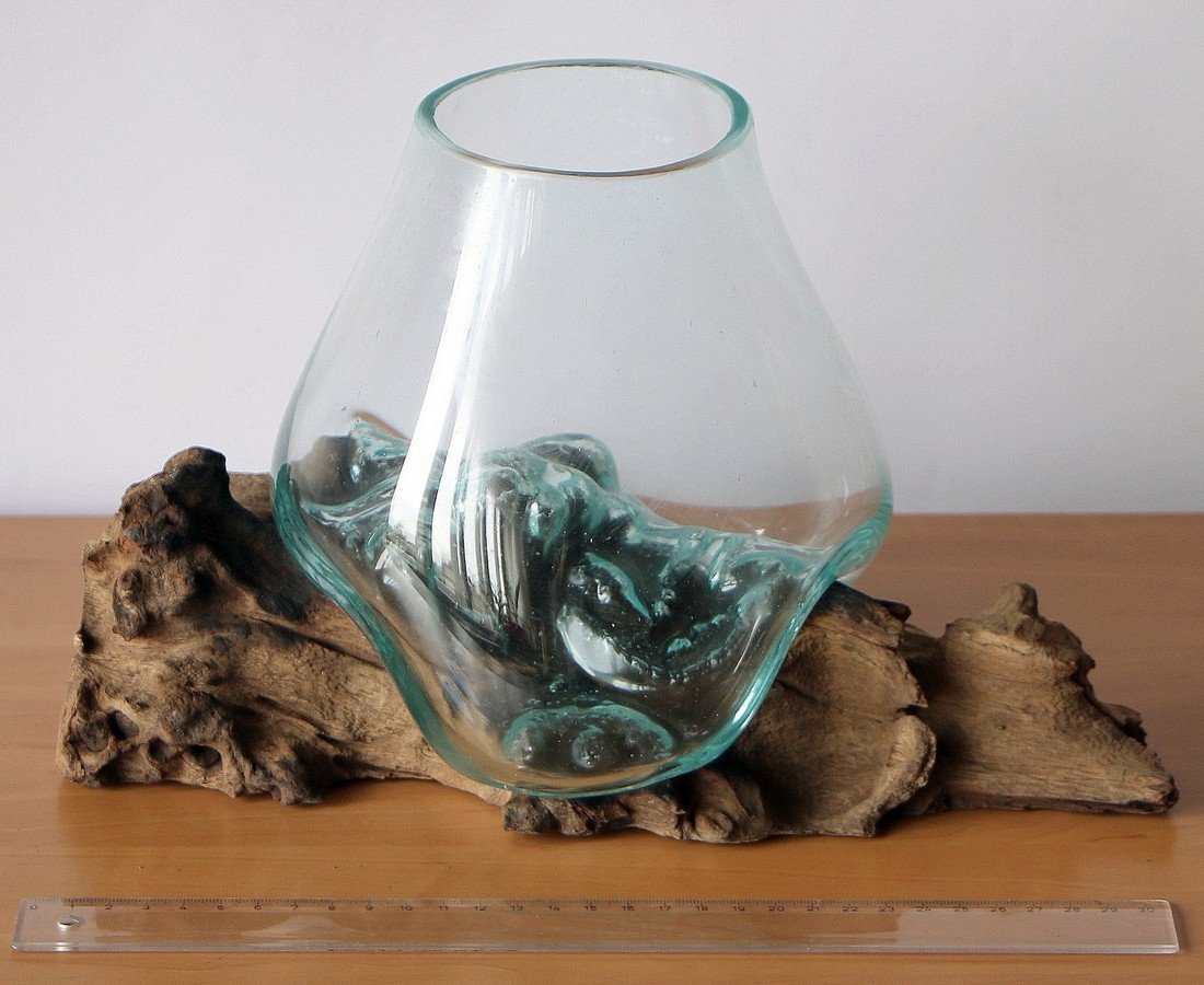 Geschenk Deko Einzigartige Gamal Wurzelholz Glasvase B-Ware Ø Glas 15-16 cm Wurzel Holz Teakholz Vase Glas M