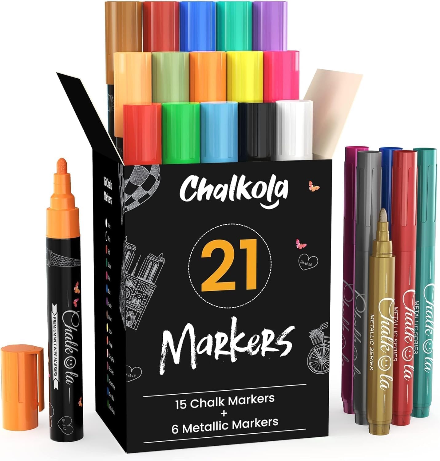 Chalkola 21 Kreidestifte für Tafel Abwaschbar - (21 Stifte 6mm, Kreidestift) | Kreidestifte für Fenster, Tafelkreide & Metallic Glasstifte, Chalk Marker, Kreidemarker Abwischbar, Fensterfarben Kinder