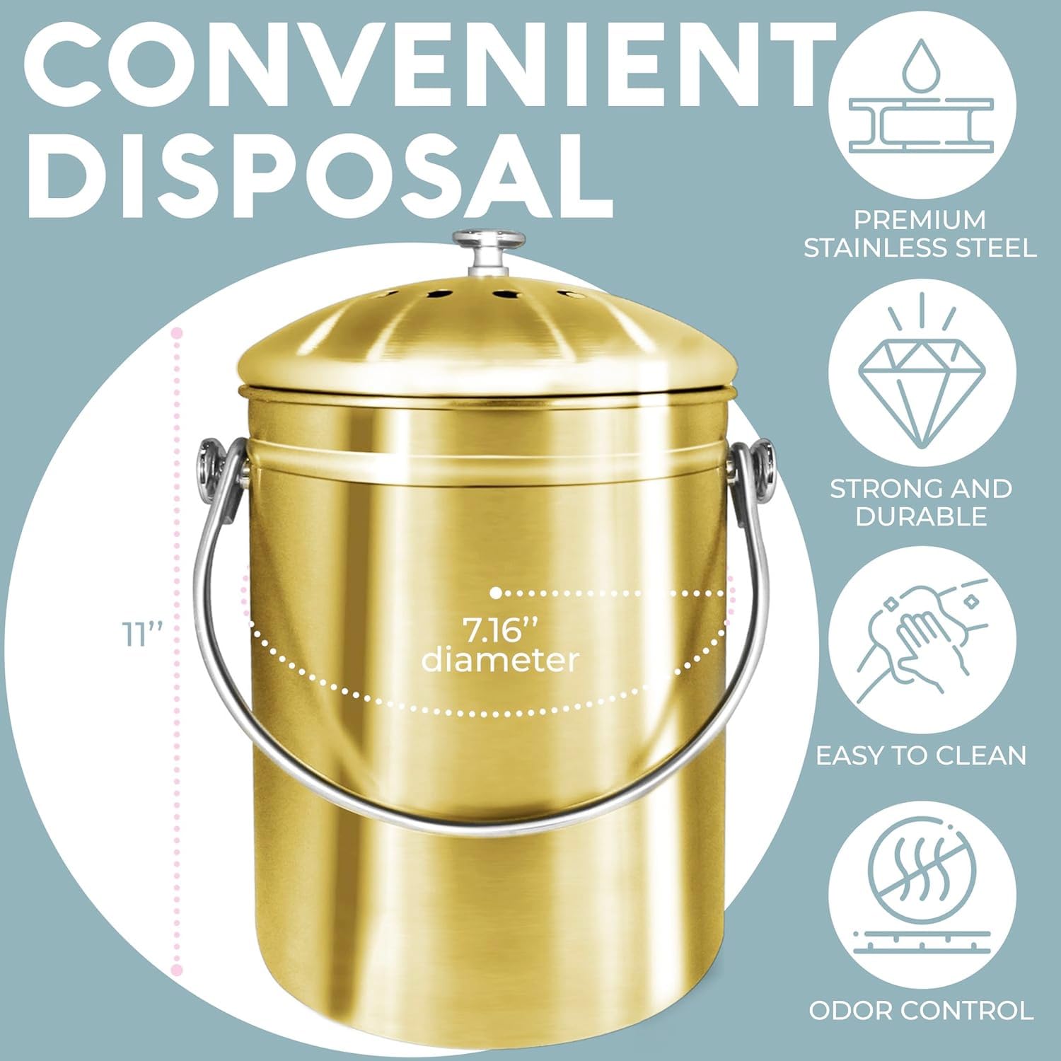 EPICA Contenedor de abono para encimera de Cocina, 1.3 galones, contenedor de compostaje Inodoro con filtros de Carbono, contenedor de abono Interior con Tapa, compostador de Cocina de Acero