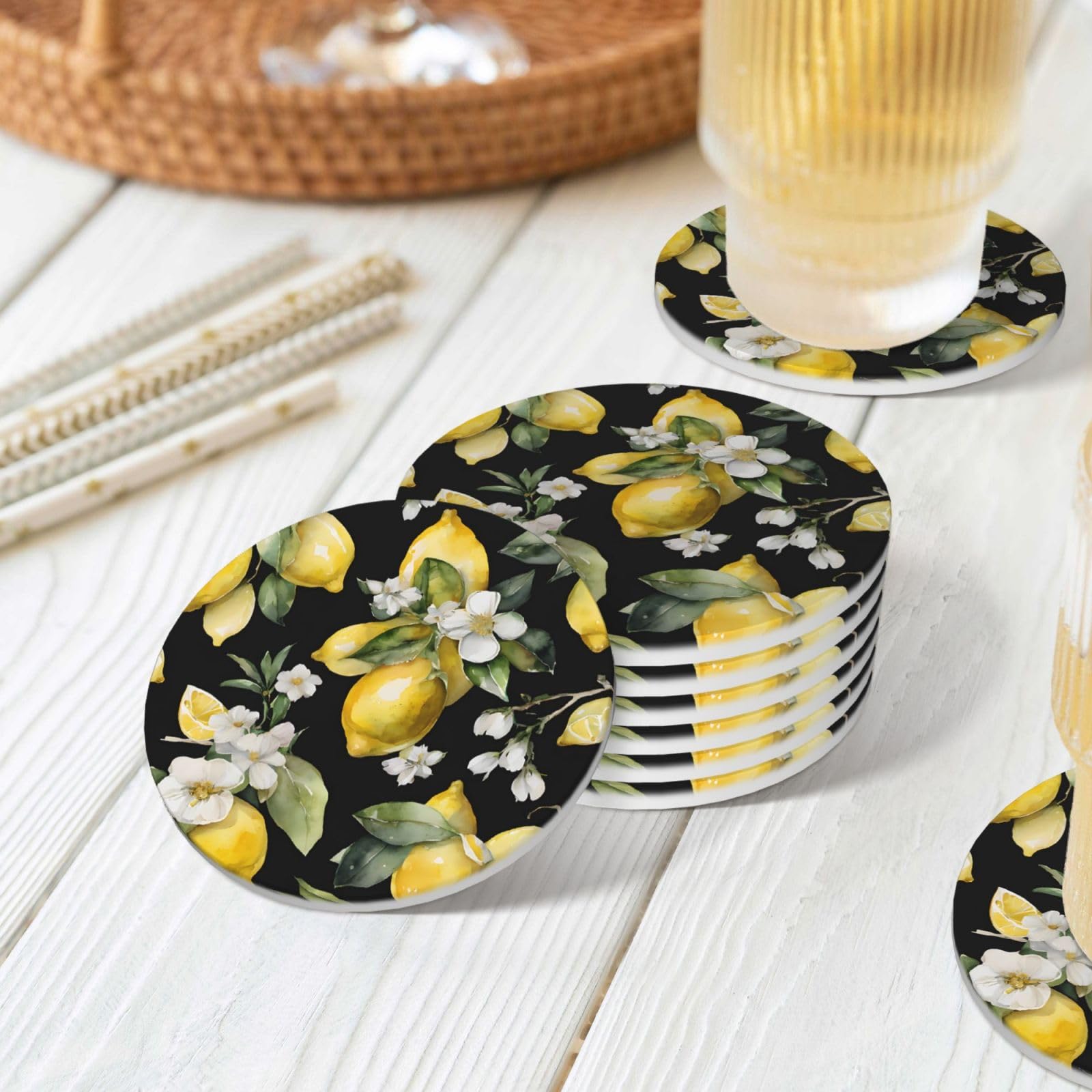 Keramik-Untersetzer, Zitronen- und Blumen-Design, rund, saugfähig, mit Halter, für Zuhause, Büro, Bar, Restaurant, 6 Stück