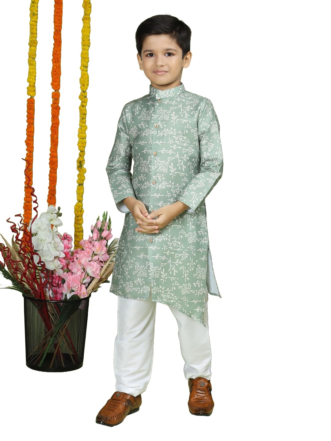 TABARD Cotton Full Sleeve Regular Fit Printed Green Kurta Churidar Set for Boys