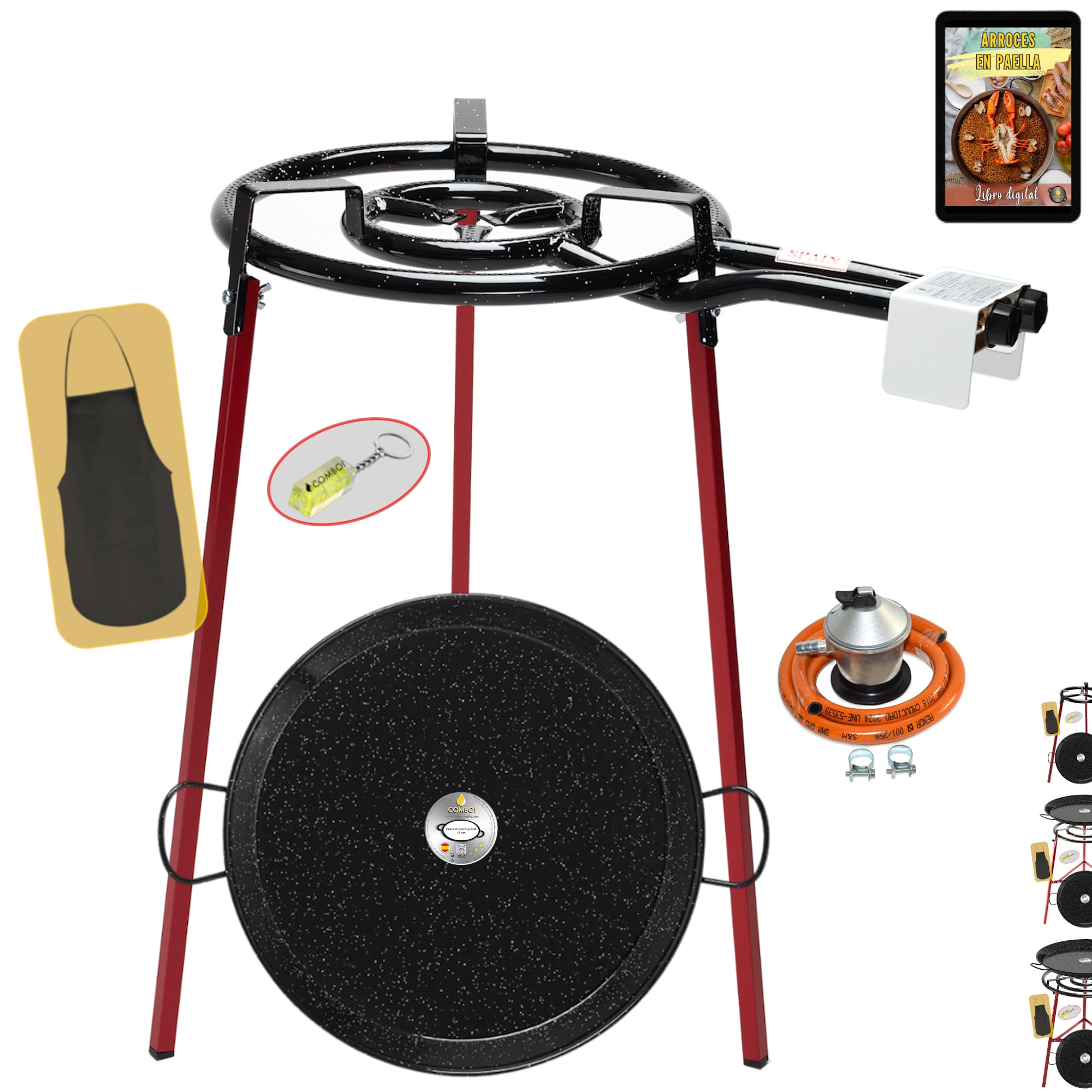 COMBOI Paellero gas butano 40 cm, paellera esmaltada de 46 cm,paella Kit Quemador, Regulador de gas, Manguera, Patas Soporte, nivel, delantal, Libro de Recetas digital