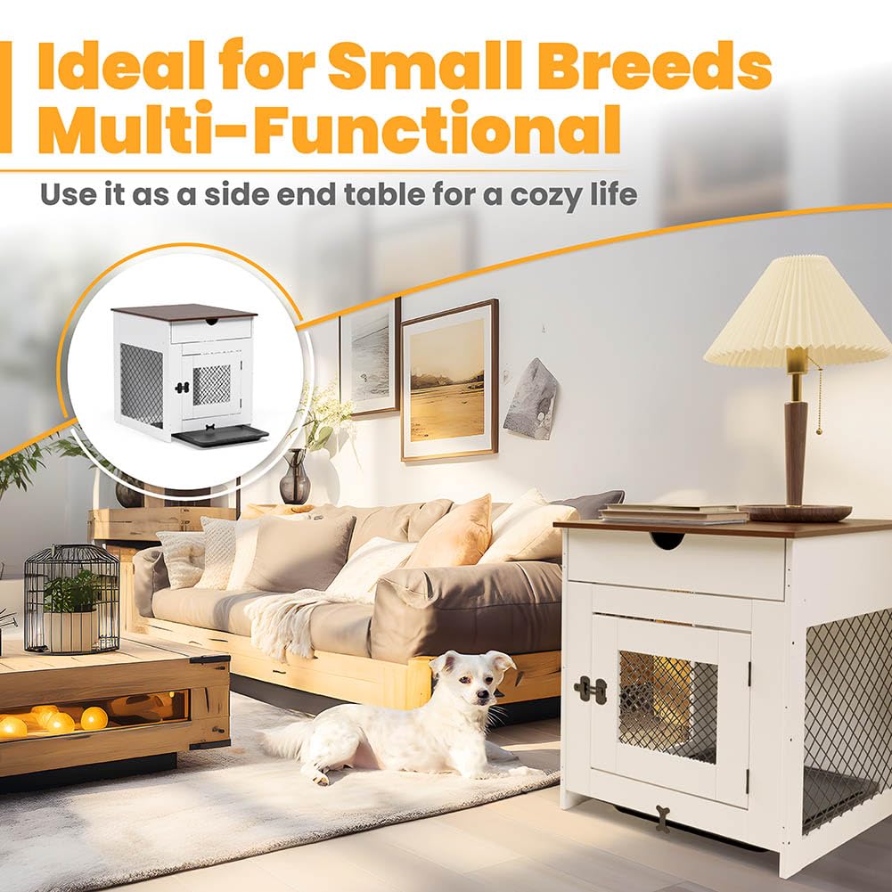 Dog Kennel Furniture Wooden Furniture-Style Dog Crate End Table with Drawer | Dog cage for Small Dogs Indoor | White Dog Cage | Chew-Resistant Design