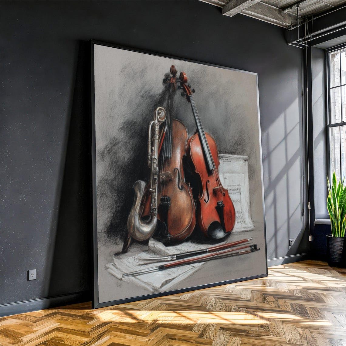YUSUZHU Classic Musical Instruments Canvas Wall Art, Violin Cello Painting, Saxophone Still Life, Sheet Music Art Instrumentalist(50x50cm/Frameless)