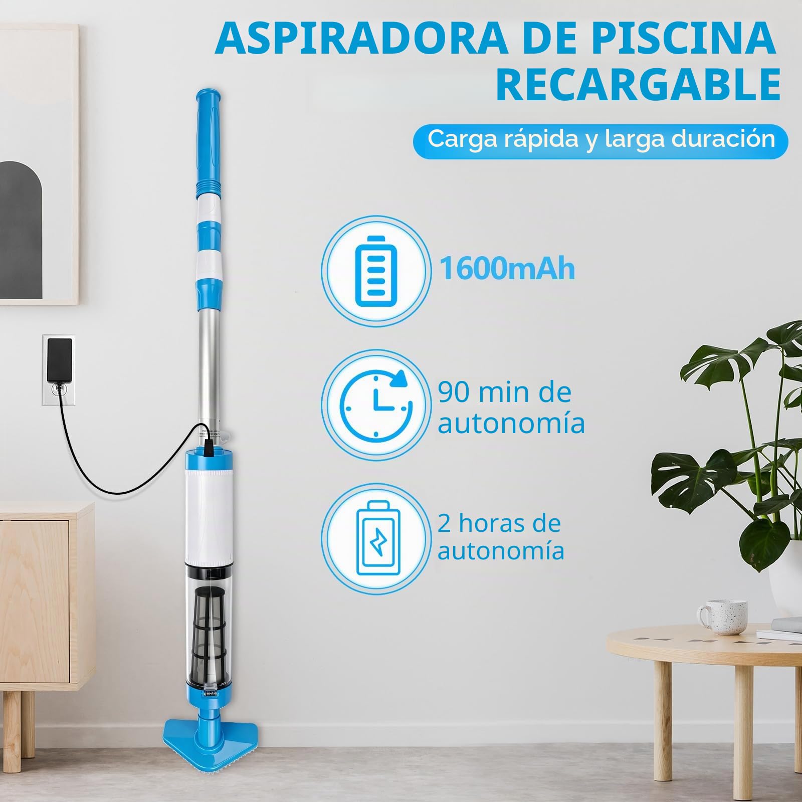 Aspirador de piscina inalámbrico con batería de 1600 mAh, 3 cabezales, máx. 165 cm | Limpiador de piscina portátil con barra de extensión, filtro, aspiradora para piscina, jacuzzi y piscina infantil