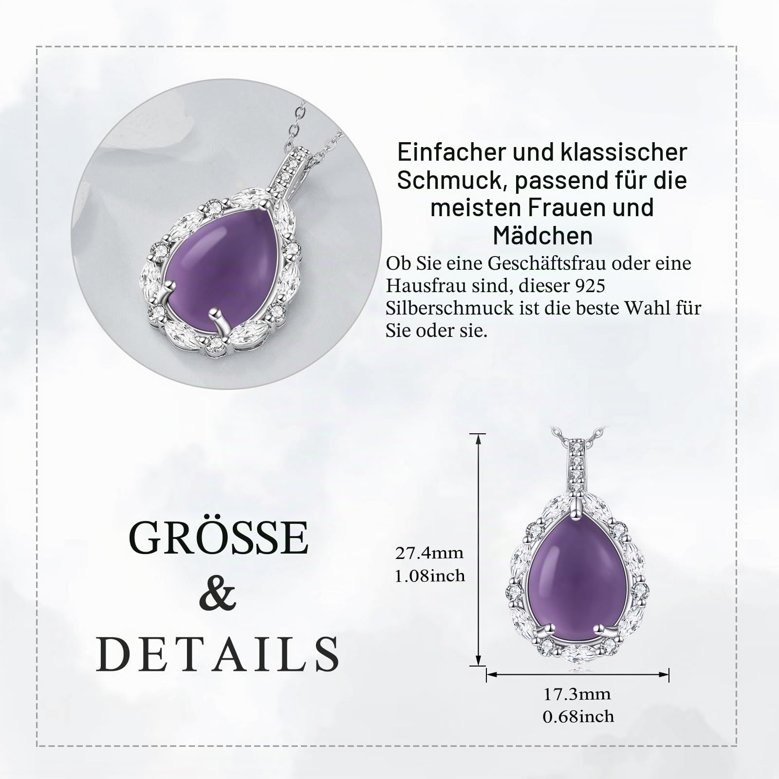 YAFEINI 925 Sterling Silber Edelstein Kette Lapislazuli/Peridot/Amethyst/Schwarzer Onyx/Türkis/Larimar/Moosachat Anhänger Halskette Naturstein Tropfen Kette Schmuck Geschenk für Damen
