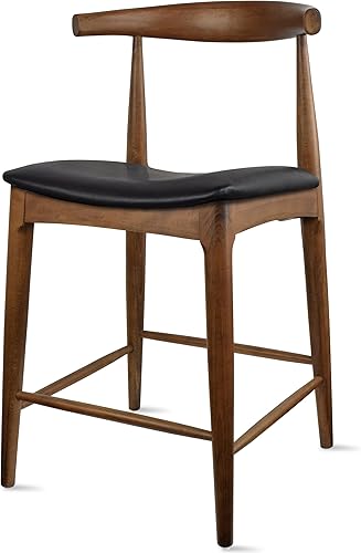 Miniatura 5 de 2xhome Taburete de bar con marco de madera con respaldo abierto, cojín de piel sintética oscura, color marrón oscuro, individual, juego de 1