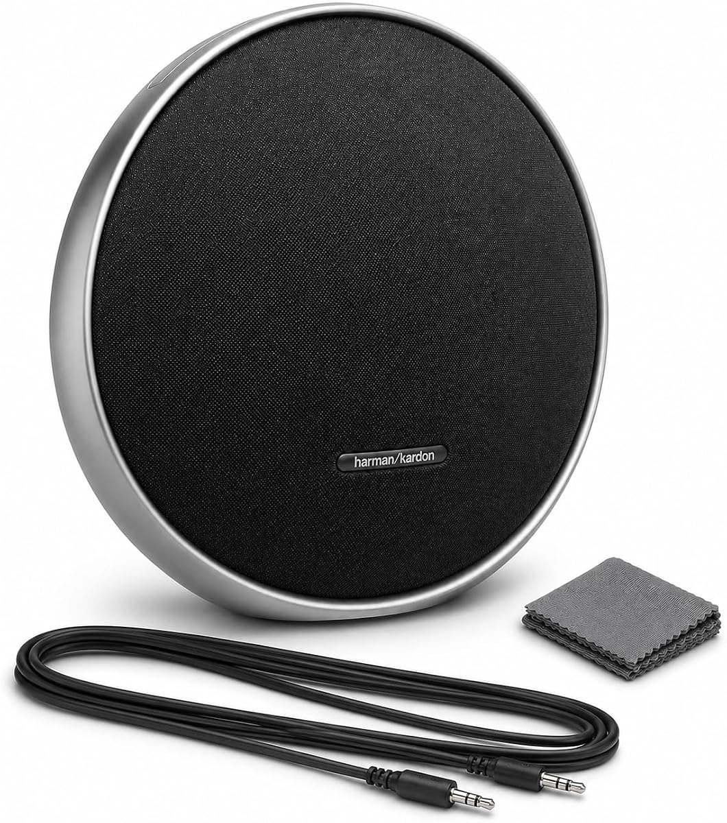 Onyx Studio 9 - Portable Bluetooth Speaker Bundle - Self-Tuning, Built-in Battery, USB Charging, Aluminum Handle + Aux Cable + Cleaning Cloth, Wireless Home & Outdoor Speaker
